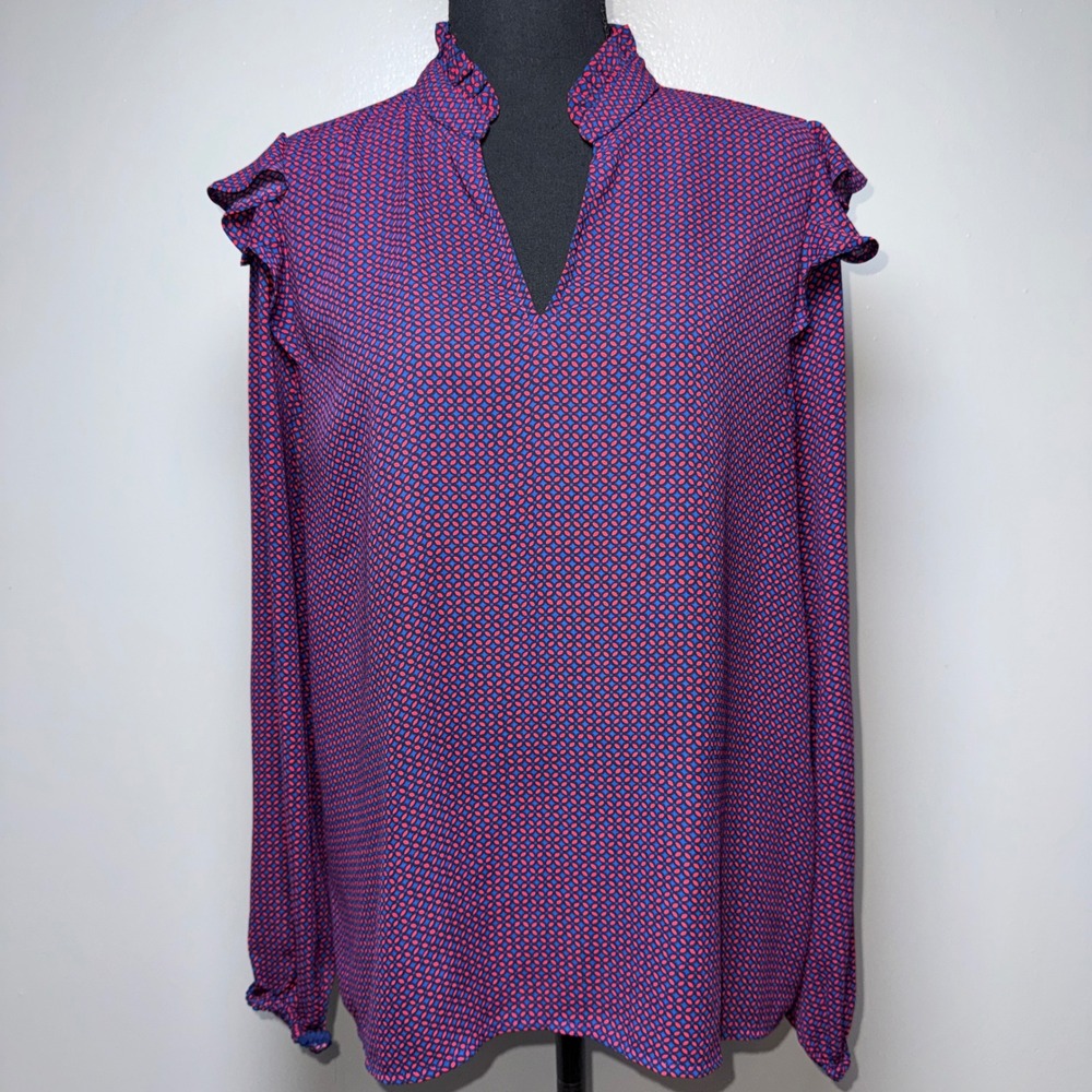 J.Crew Womens Red Blue Geometric Medallion Ruffle Neck Long Sleeve Blouse Size M